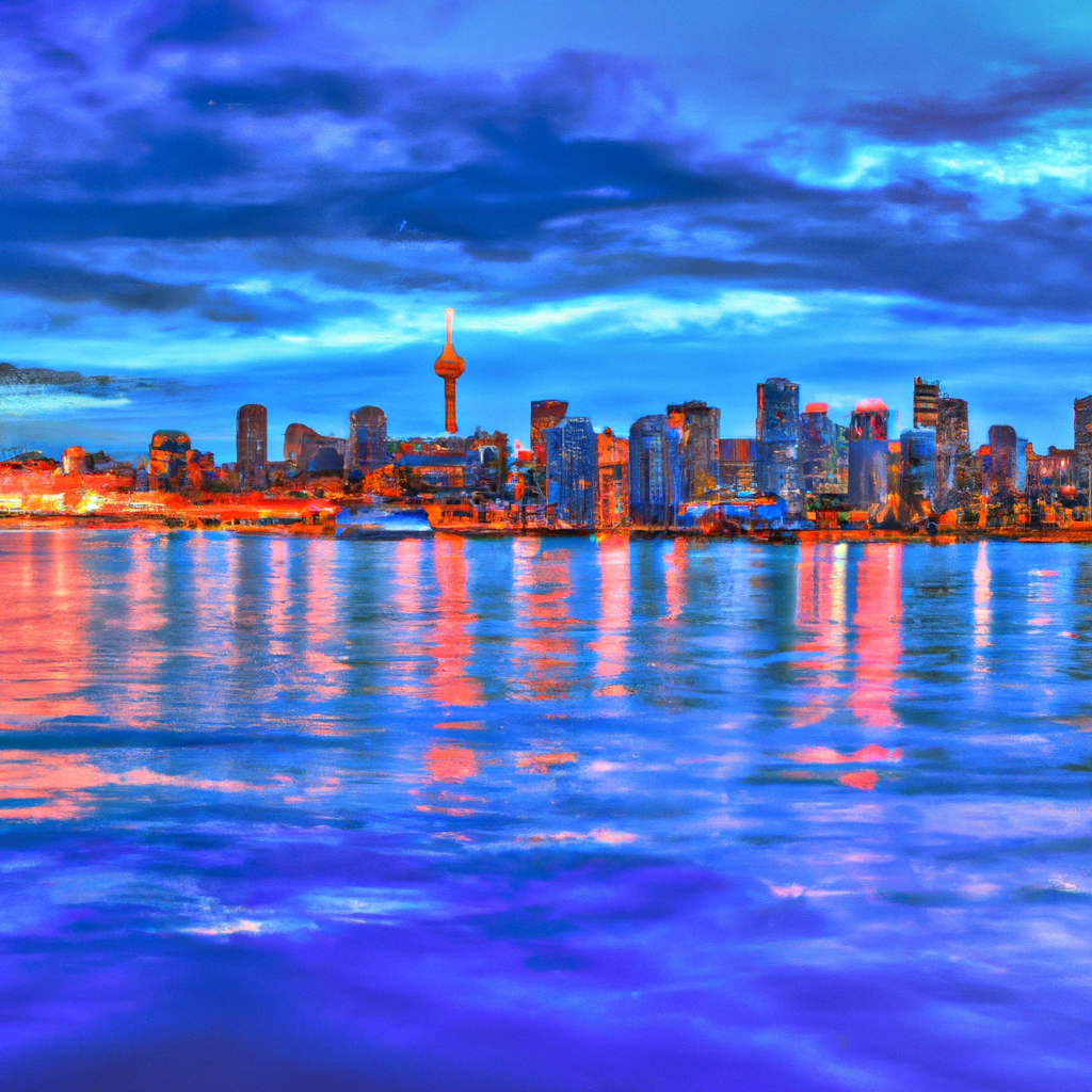 Canadian skyline with reflections at night, representing Vornelo's Canadian focus