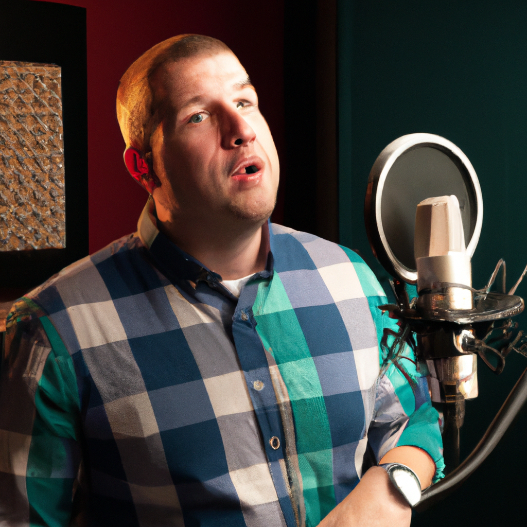 Voiceover coach in modern studio guiding a student at a professional microphone setup